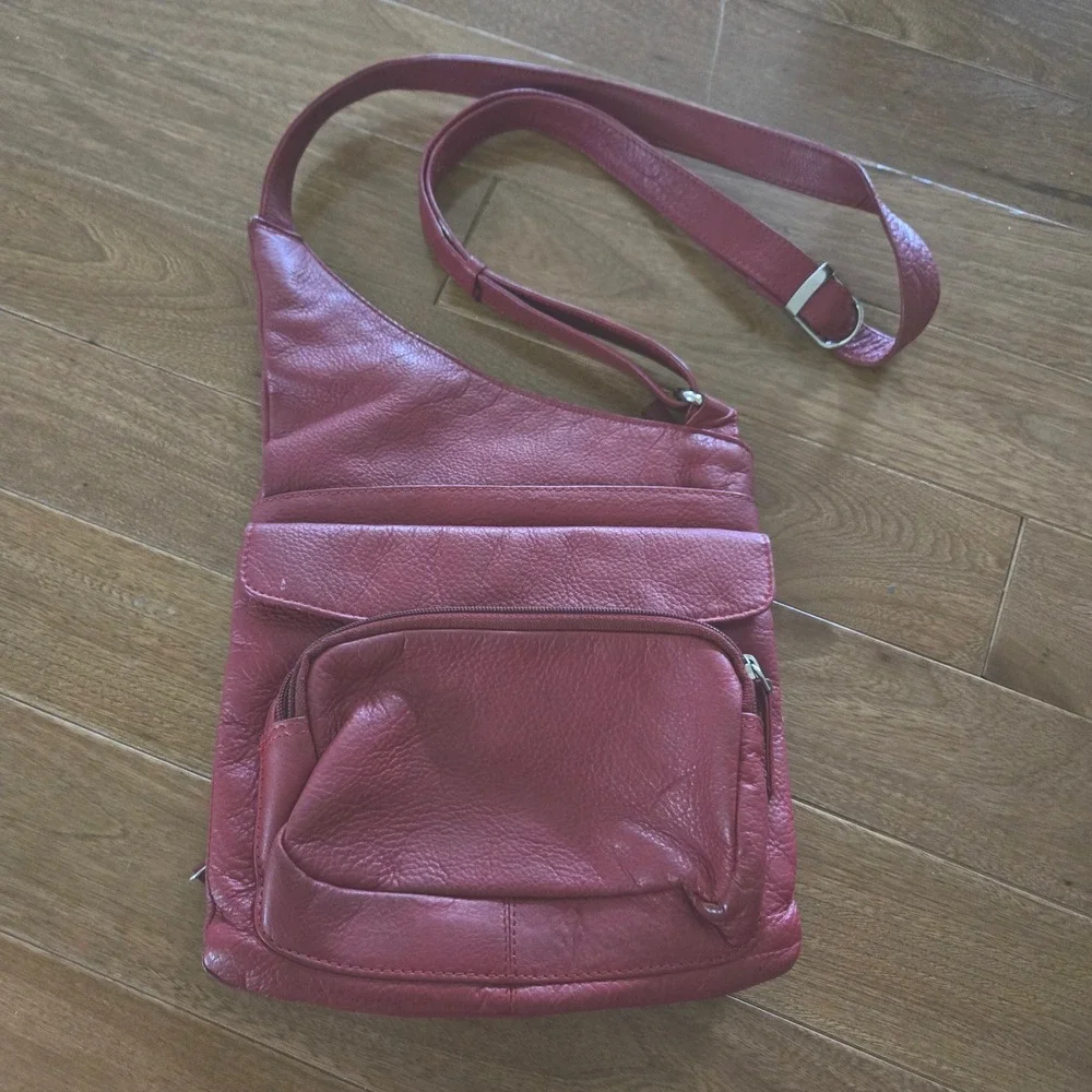 Genuine Red Leather Crossbody Bag Multi Pocket Organizer Sling Adjustable Strap